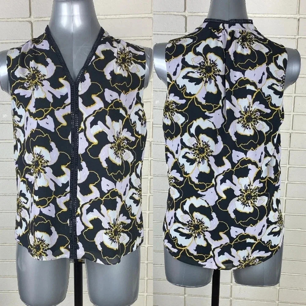 Black white yellow floral print  v neck collared formal blouse sz large